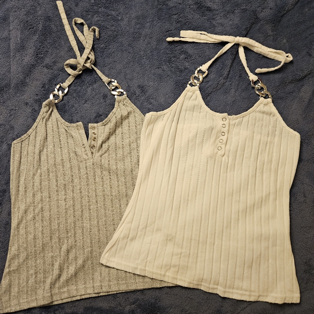 Pair Of Stylish Women's Halter Tops - Grey and White With Chain Details.